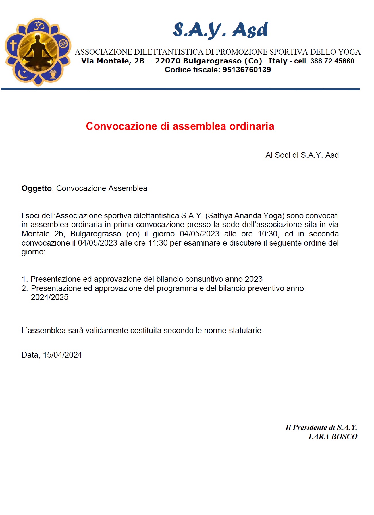 CONVOCAZIONE ASSEMBLEA ORDINARIA SOCI 2024